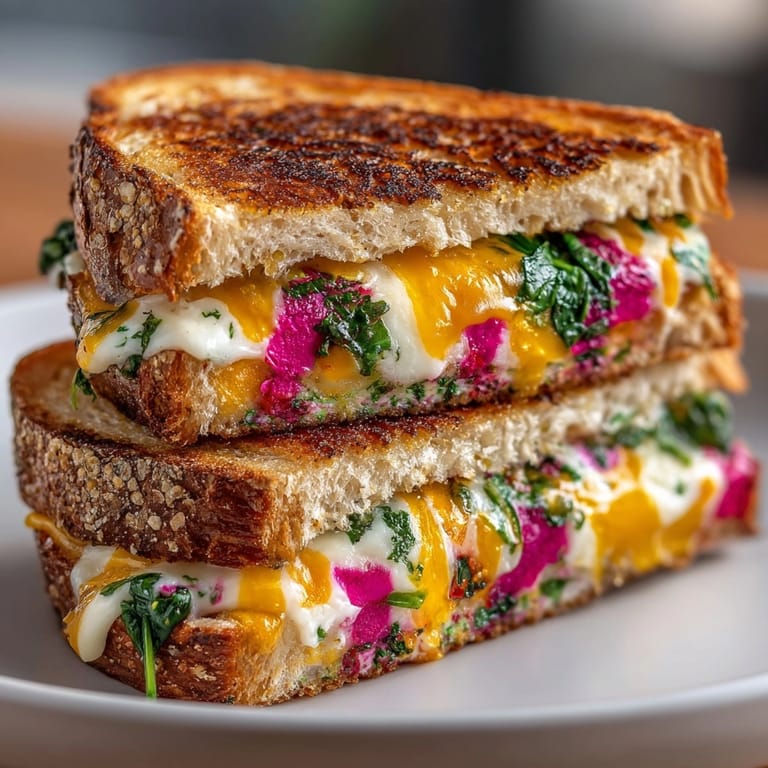 Golden-brown "Chaos-Style Funky Colored Grilled Cheese" sandwich ready to eat, with a medley of bright, melted cheeses.
