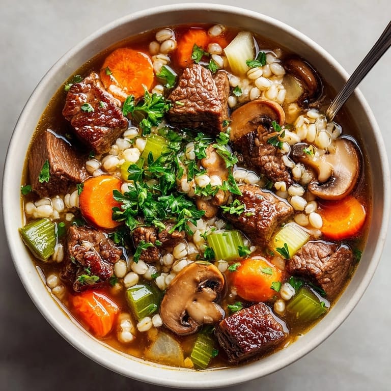 Hearty, homemade Beef and Barley Soup, a comforting American classic, delicious and filling.