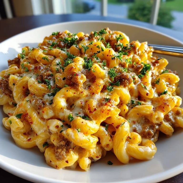 A close-up of cheesy one-pot cheeseburger macaroni, ready to serve with fresh parsley garnish.