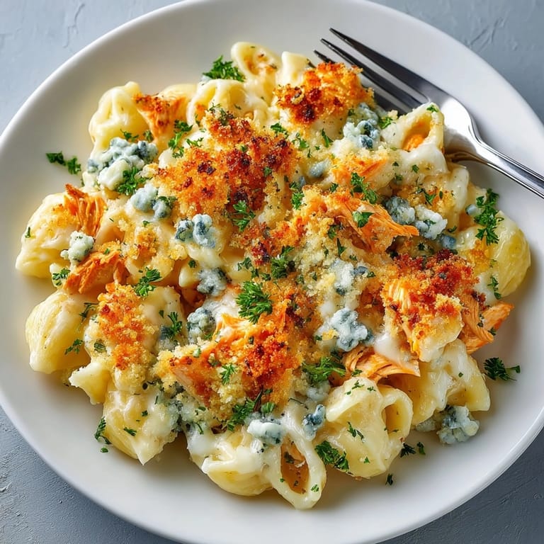 A generous serving of Buffalo Chicken Mac and Cheese with a perfect balance of spicy chicken and creamy cheese.