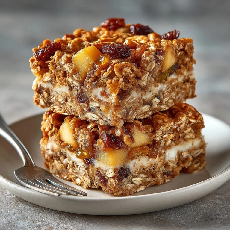 Enjoy freshly baked Apple Pie Breakfast Bars, with visible cinnamon-spiced oat crumb topping, ready to eat.