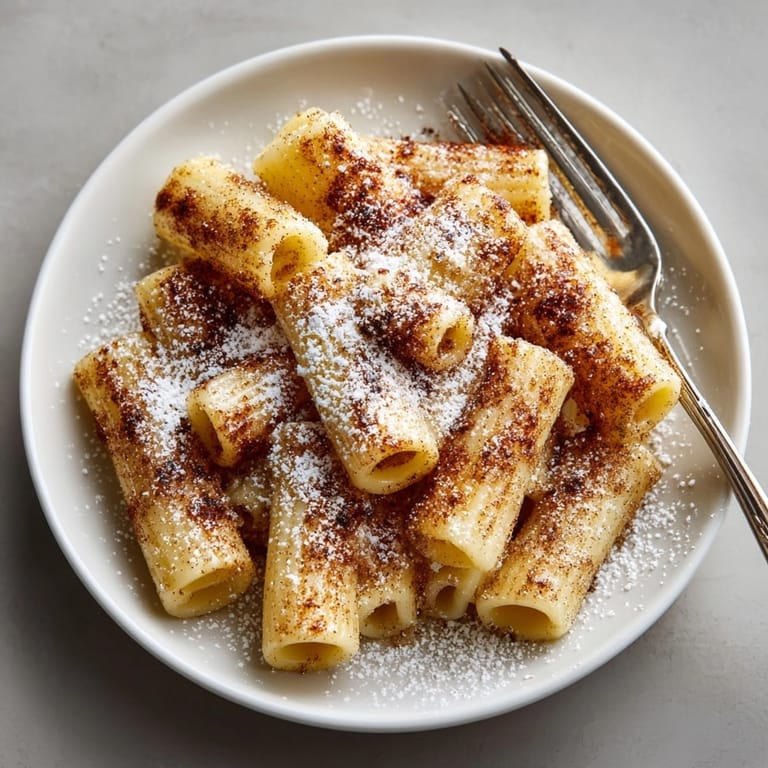 Homemade French Toast Pasta with Cinnamon Sugar Dust, ready for brunch with powdered sugar topping.