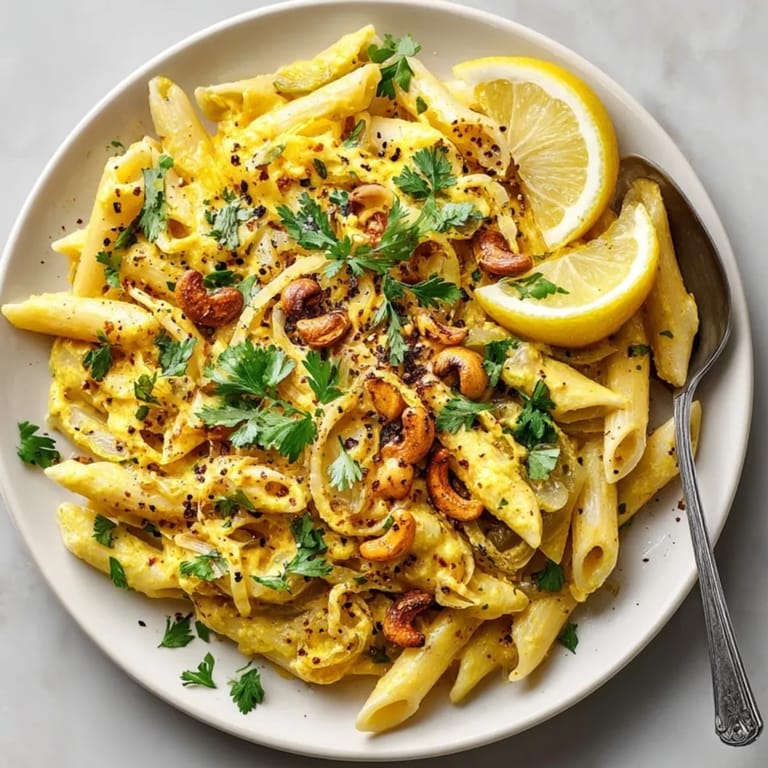A bowl of Golden Milk Pasta with Turmeric Glow Sauce garnished with toasted cashews and lemon wedges.