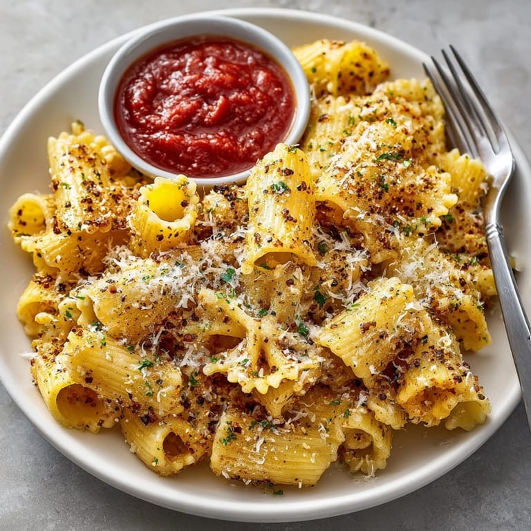 Air fryer pasta chips garnished with Italian herbs, perfect as a unique party appetizer.