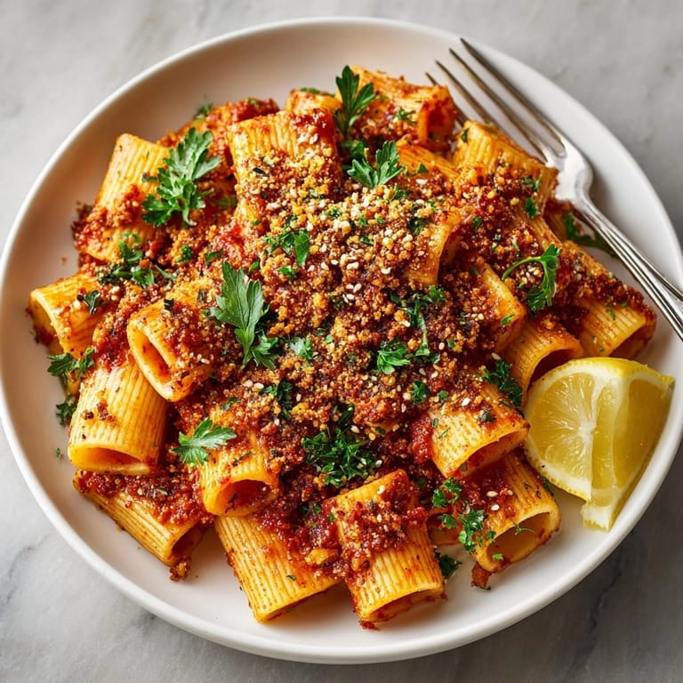 Steaming bowl of Moroccan Harissa Pasta with Date and Almond Crumble, showcasing vibrant colors and crunchy texture.