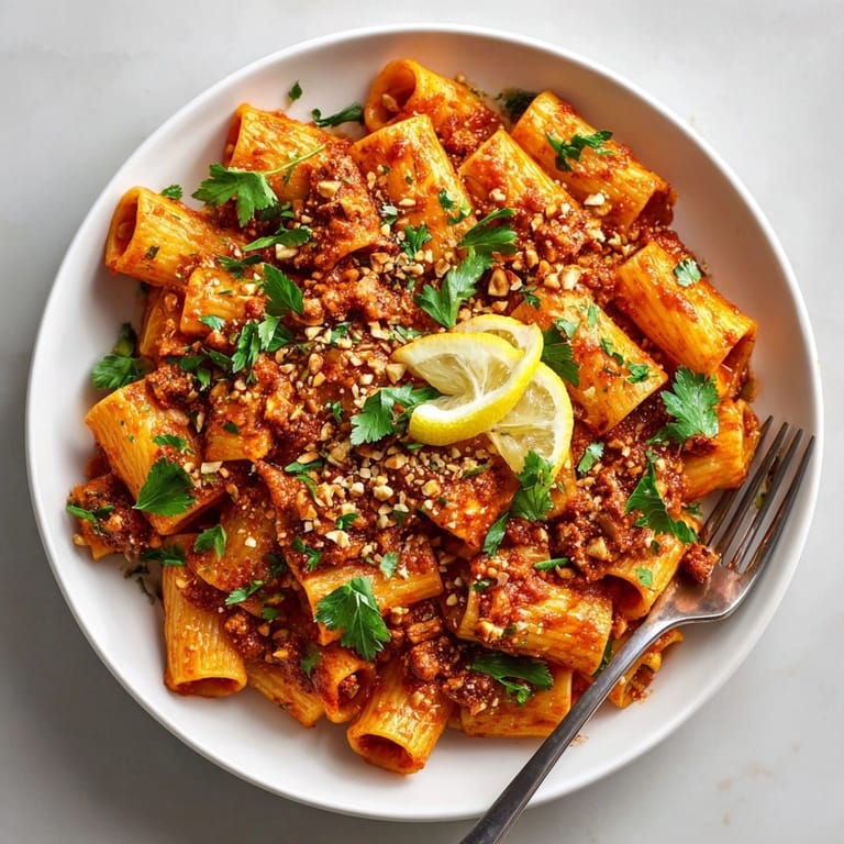 Closeup of Moroccan Harissa Pasta with Date and Almond Crumble, highlighting spicy sauce and sweet, nutty topping.