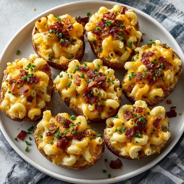 Creamy mac and cheese stuffed potato skins, melty cheddar and savory bacon garnishing each bite.