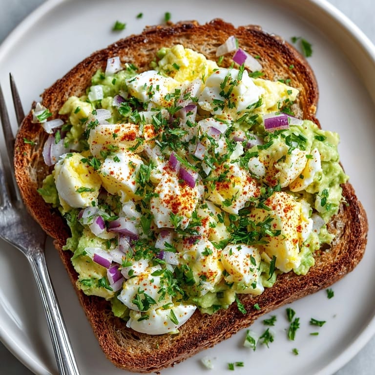 Hearty Avocado Egg Salad Toast with Paprika served warm, perfect for breakfast or lunch.