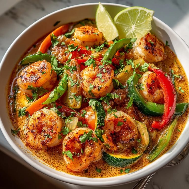 Close-up of shrimp and vegetable curry served hot over basmati rice, vibrant and aromatic.