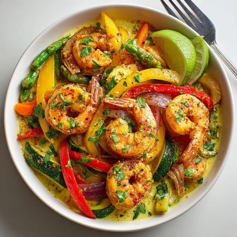 Indian-inspired shrimp and vegetable curry with tender shrimp, crisp veggies, and rich coconut broth.