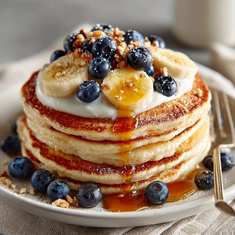 Golden protein pancake stack steaming fresh, served with banana slices and Greek yogurt.