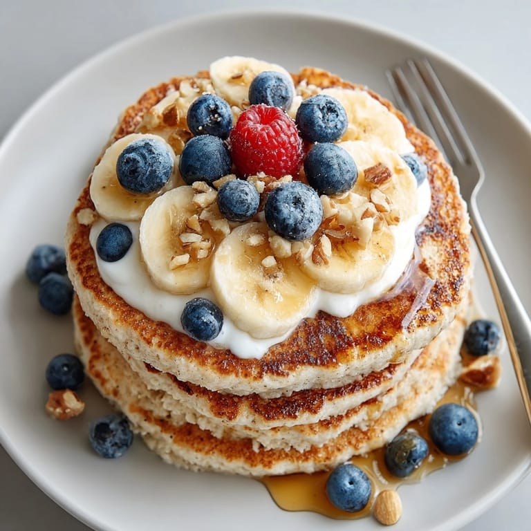 High-protein pancake stack layered on a plate, ideal for an energizing morning meal.