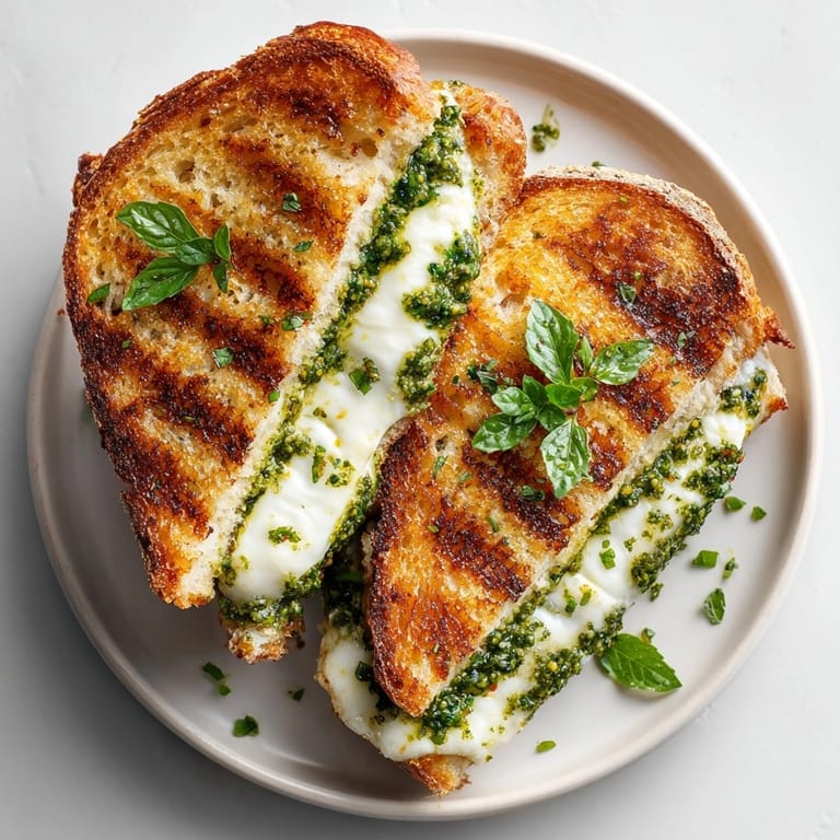 Close-up of crispy Grilled Cheese with Pesto and Mozzarella, buttered bread and herby basil aroma.