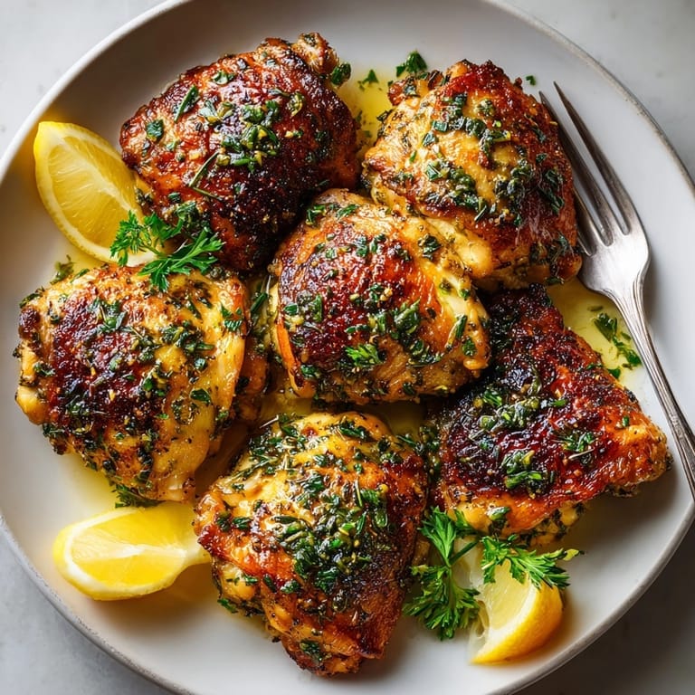 Juicy Garlic Herb Chicken Thighs on a platter, served with lemon wedges and vibrant herbs