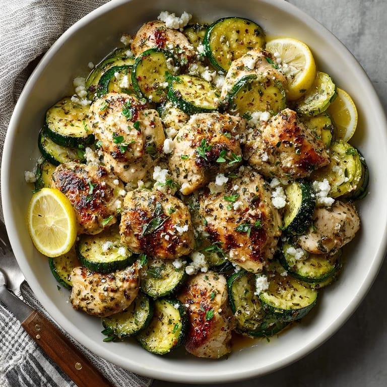 Mediterranean Chicken Zucchini Bake served hot in a casserole dish, garnished with bright green herbs and sliced lemons.