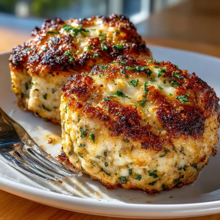 Close-up of golden brown Garlic Parmesan Chicken Meatloaves garnished with parsley and ready to serve.
