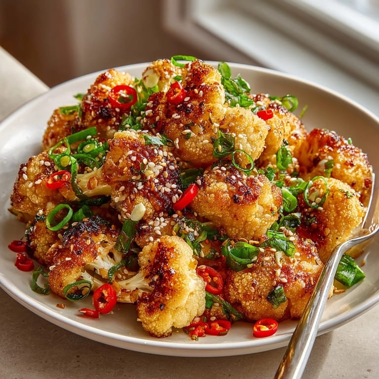 Plated Korean Baked Cauliflower with caramelized edges, perfect as a flavorful vegan appetizer