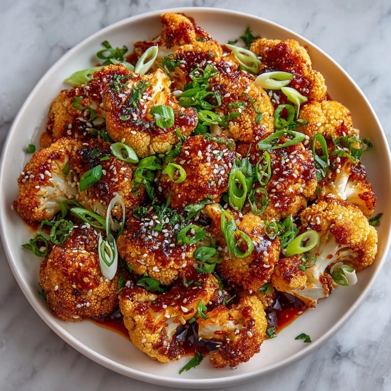 Freshly roasted Korean Baked Cauliflower drizzled with tangy gochujang glaze, ideal for serving over rice