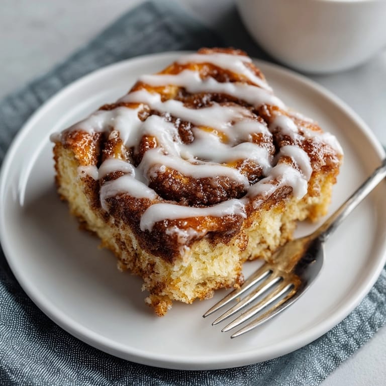 Sliced cinnamon roll coffee cake served warm, showcasing rich cinnamon layers and sweet icing.