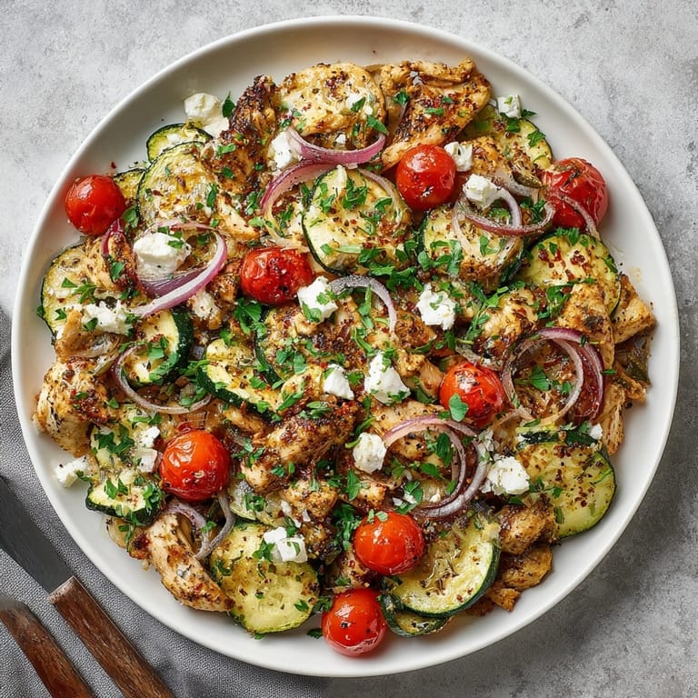 Hearty Mediterranean Chicken Zucchini Bake in a casserole dish, garnished with parsley for a bright finish.
