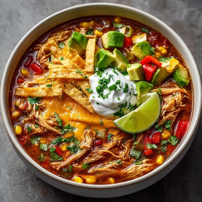 Hearty Avocado Chicken Tortilla Soup recipe simmers with tender chicken, savory spices, and ripe avocado.