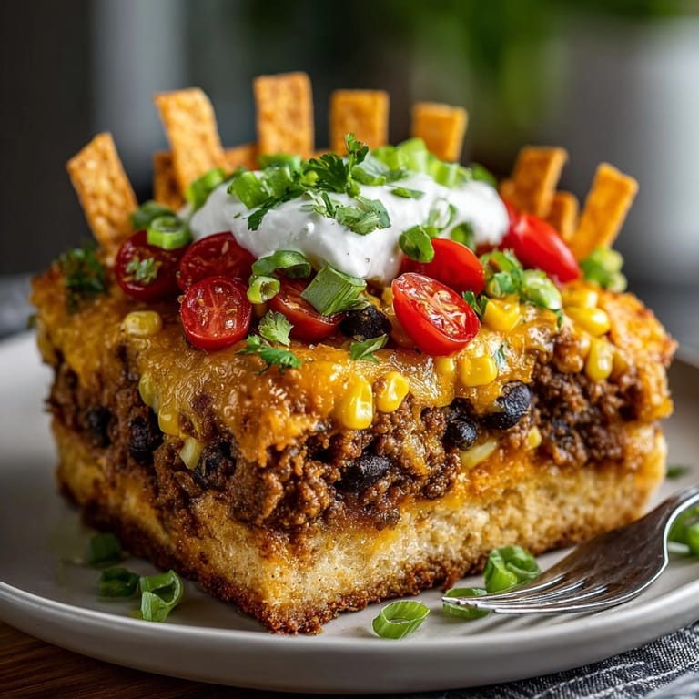 Scoops of savory Graveyard Taco Casserole filling a plate, a spooky Halloween recipe.