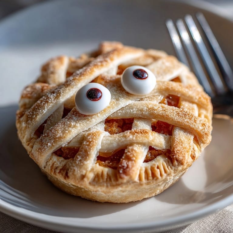 Homemade Mummy Pumpkin Hand Pies, warm from the oven, an easy festive dessert.