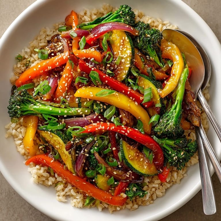 Golden brown rice topped with colorful Veggie Stir Fry, sprinkled with sesame seeds.