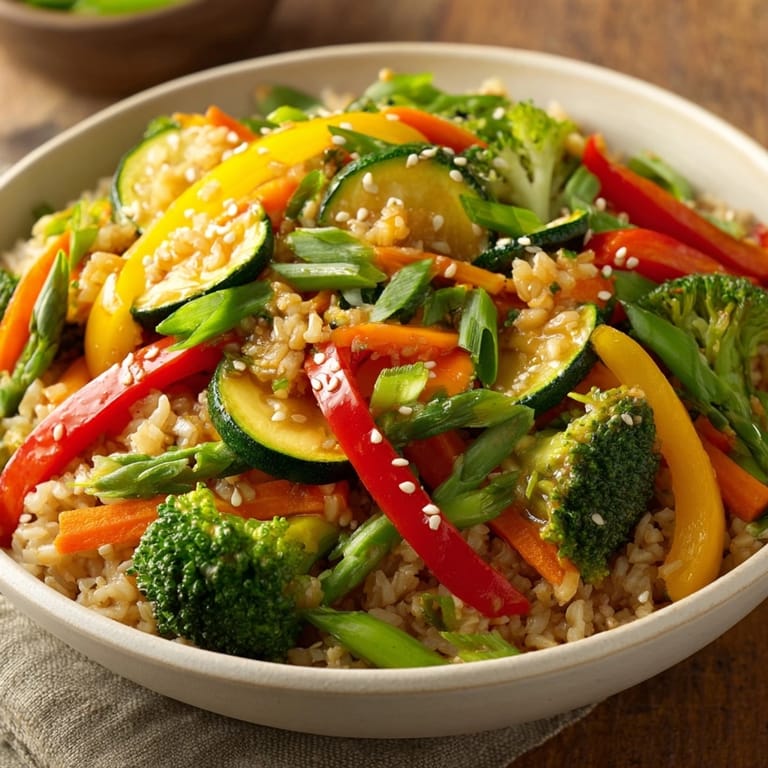 Fragrant and customizable Veggie Stir Fry recipe, an easy weeknight meal with brown rice.