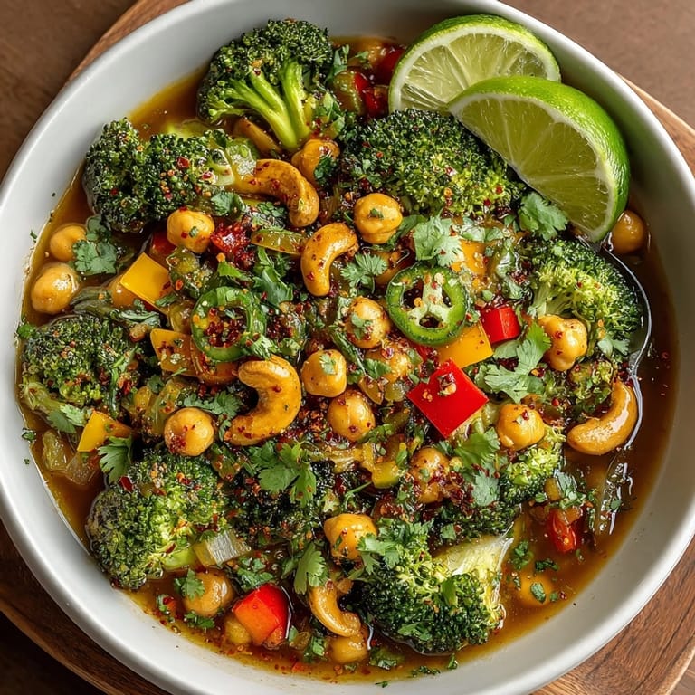 Savory One-Pot Chickpea Cashew Broccoli Skillet simmers in a spiced sauce garnished with fresh cilantro.
