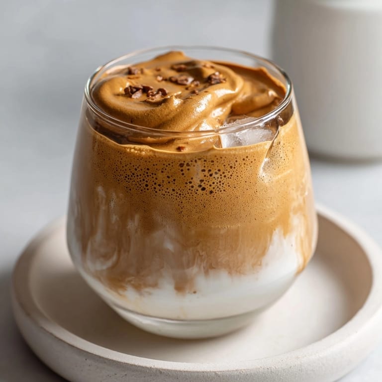 Iced Dalgona Coffee: fluffy coffee foam sits atop milk, inviting a sweet, caffeinated sip.
