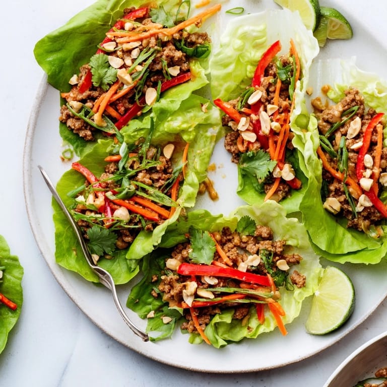 Freshly assembled Thai Peanut Turkey Lettuce Wraps with peanuts, cilantro, and squeezed lime juice.