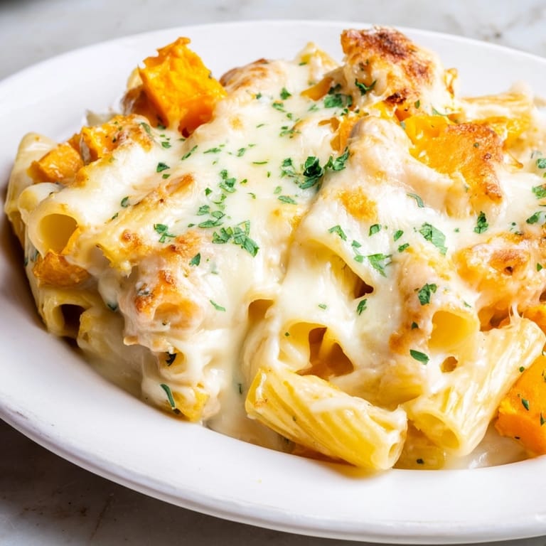 Close-up of warm Alfredo Butternut Squash Pasta Bake, perfect comfort food for dinner.