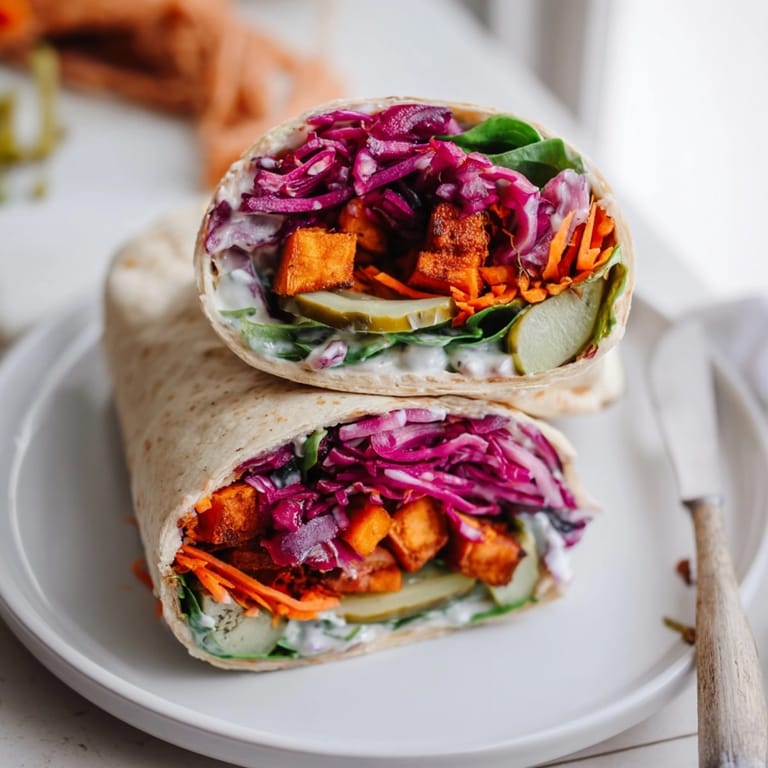 Homemade Sweet Potato & Pickle Chip Wraps: vibrant veggie filling wrapped in a warm tortilla.