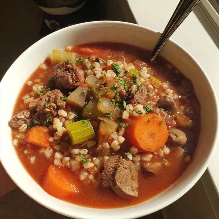 Hearty Beef and Barley Soup garnished with fresh parsley, perfect for chilly evenings.  
