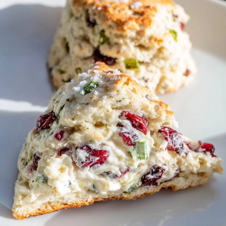 Flaky scones featuring sweet cranberries and spicy jalapeño, ideal snack for gatherings.  