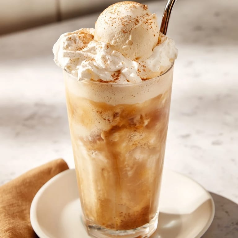 Autumn-inspired pumpkin cream soda floats drizzled with whipped cream and spices.