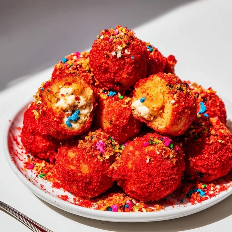 Golden Flamin Hot Monster Cake Pancake Balls with a crunchy spicy coating and creamy filling.  