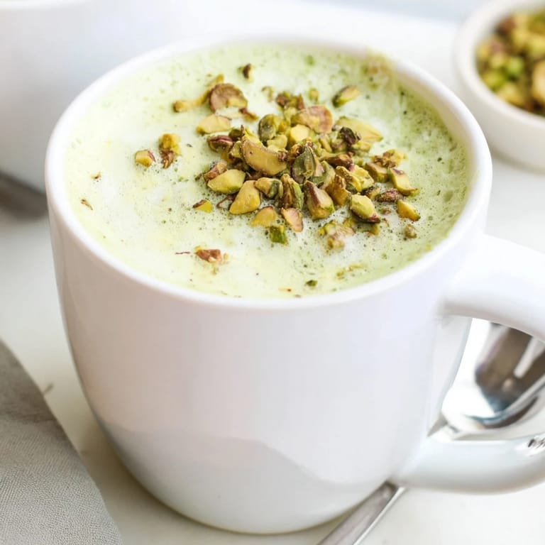 Delicious homemade pistachio milk latte garnished with crushed pistachios and vanilla.  