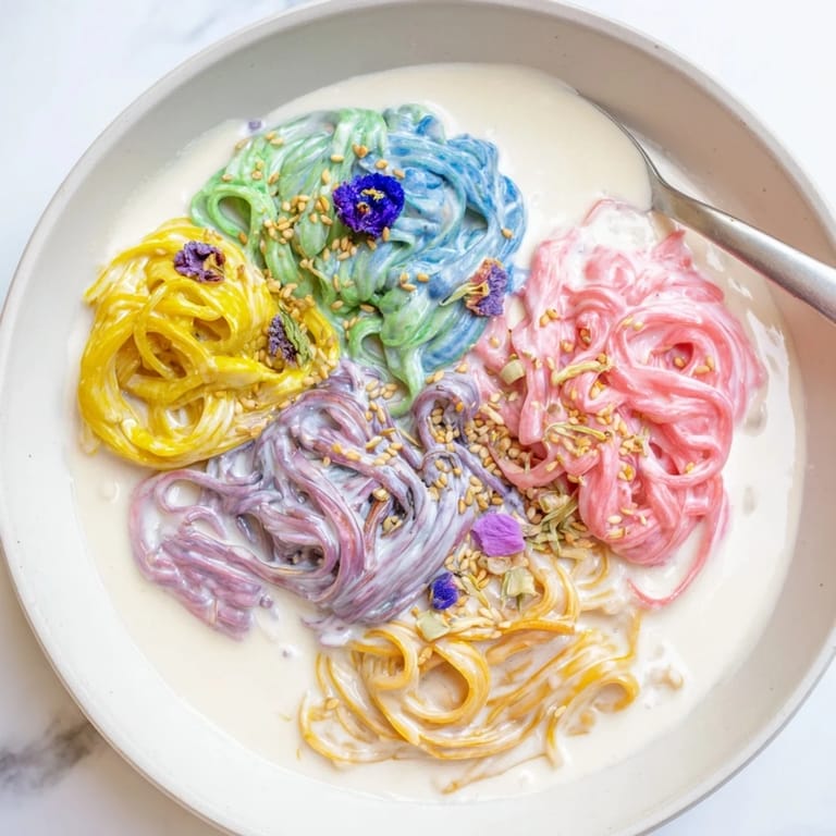 Delightful Neon Noodle Cloud featuring colorful pasta swirled in creamy, dreamy sauce.