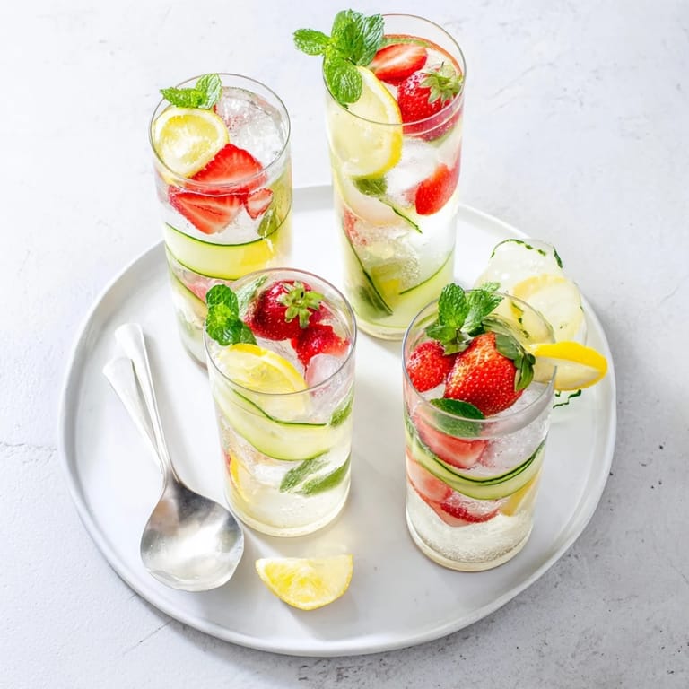 Colorful mocktails with strawberry syrup and sliced lemons for a summer treat.  