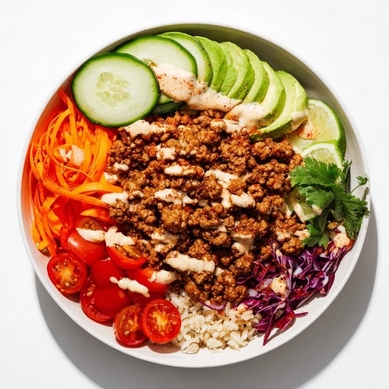 Hearty plant-based meat bowl garnished with avocado, cilantro, and zesty lime wedges.