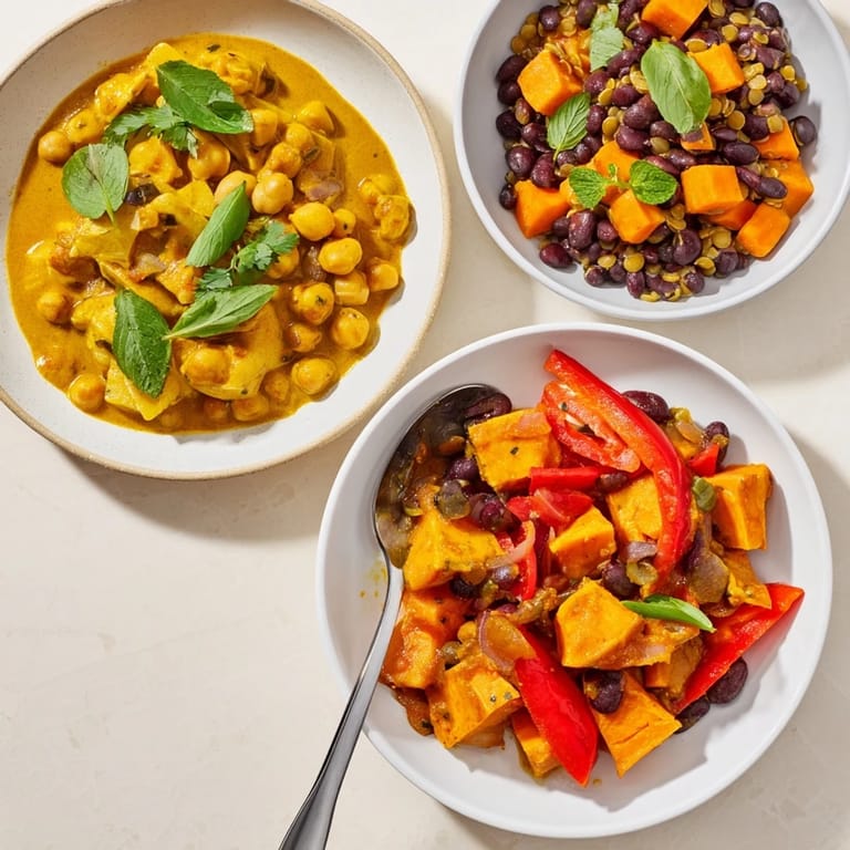 Delicious Caribbean sweet potato curry served in a rustic dish, drizzled with coconut milk.