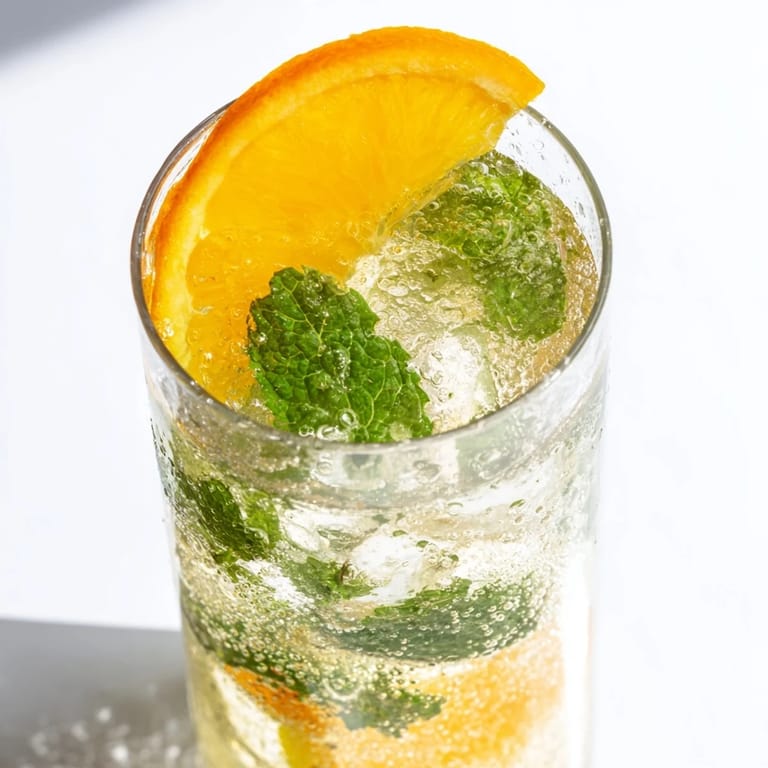 Homemade probiotic soda mocktail served over ice with vibrant orange slices.  