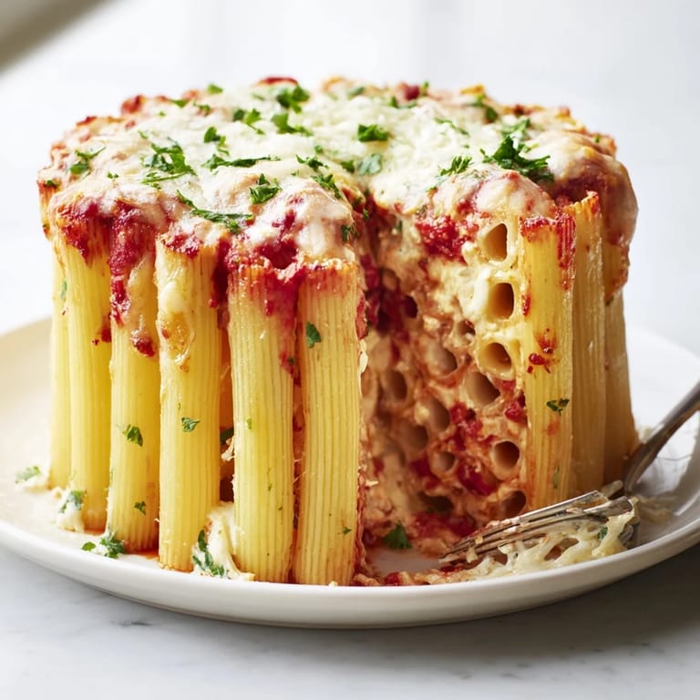 Sliced Honeycomb Pasta Cake, showcasing layers of melted cheese and savory pasta, ideal for gatherings.