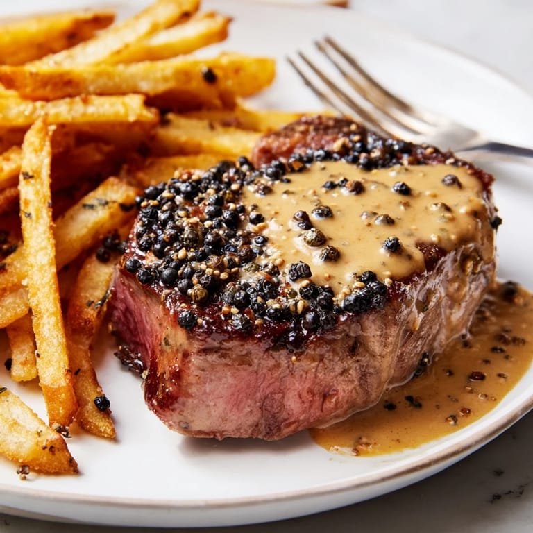 Juicy ribeye steaks coated in cracked peppercorns, served hot with crunchy fries.