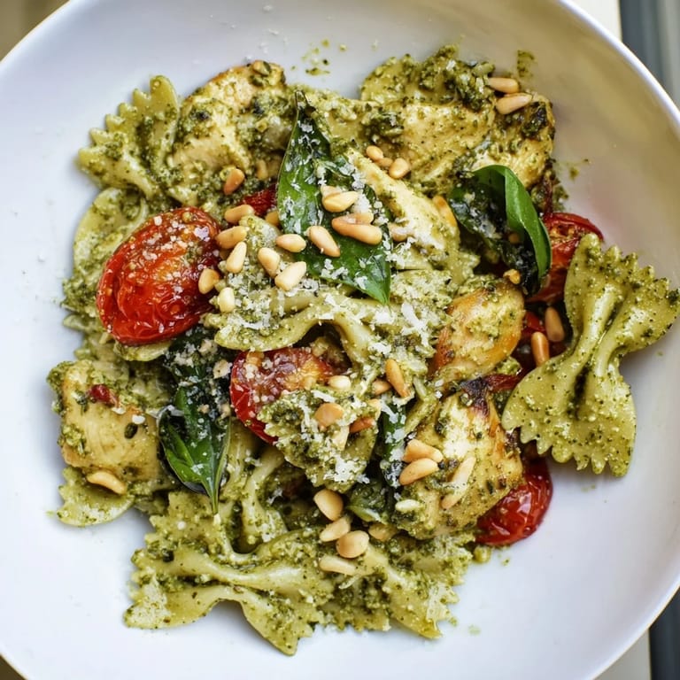 Creamy Pesto Chicken Bowtie Pasta served with vibrant cherry tomatoes and spinach.  