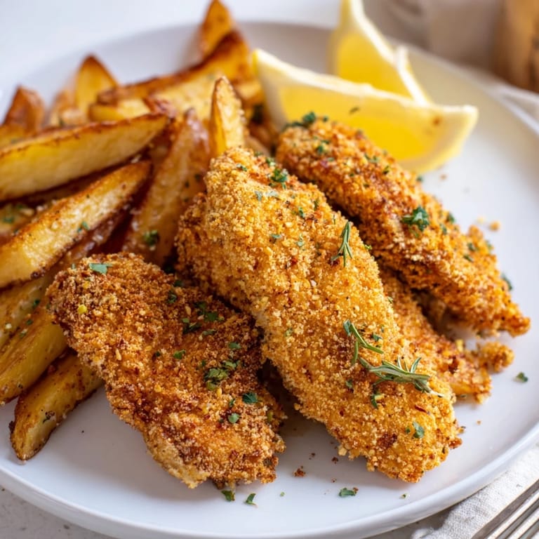 Golden-brown potato wedges alongside fresh, herb-coated chicken tenders for an easy dinner.  