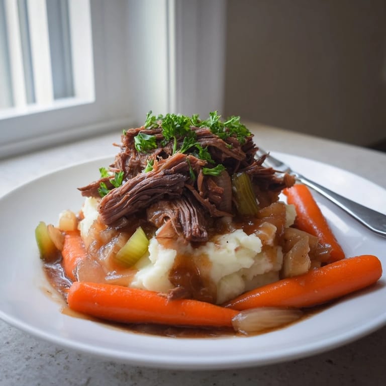 Comforting Slow Cooker Pot Roast accompanied by creamy mashed potatoes and vibrant veggies.