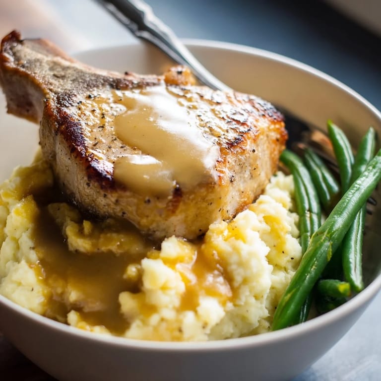 A comforting pork chops & cheddar mash bowl, featuring creamy potatoes and savory gravy.  